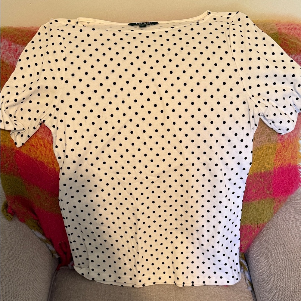 NWOT Lauren Ralph Lauren White Short Sleeve Tee with Black Polka Dots